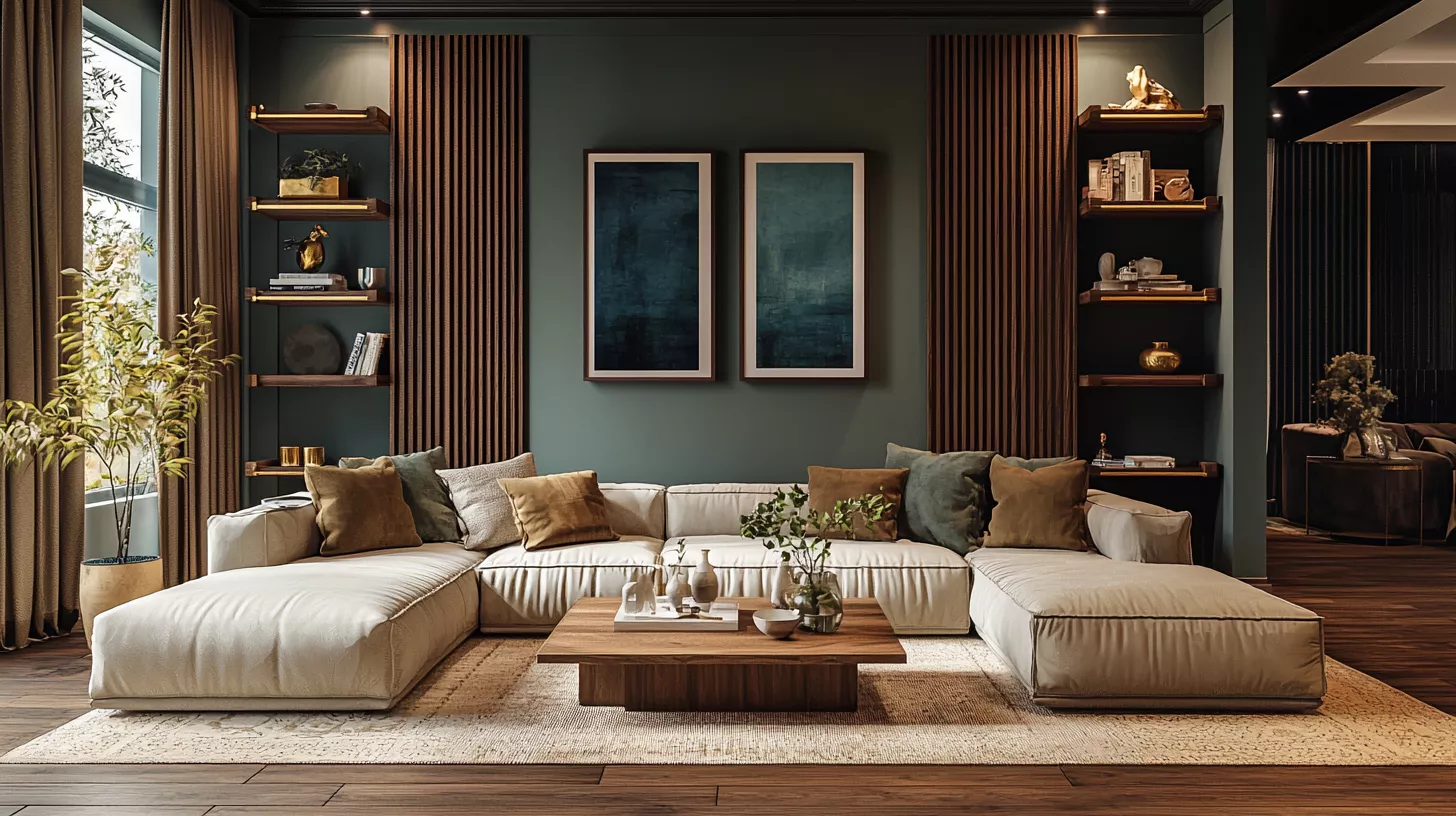 A sophisticated, modern living room | Warm colors and calming blue-green tones